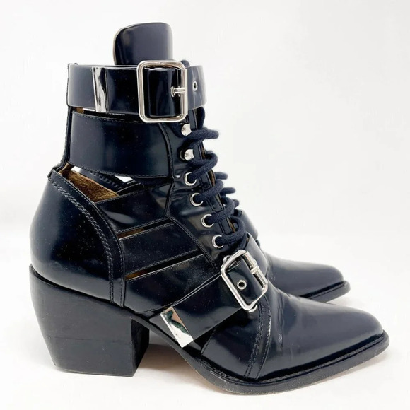 CHLOE Rylee Glossed Leather Ankle Boots Cut Out Black Size 37/7 - Picture 7 of 13
